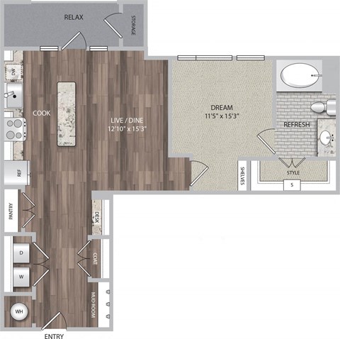 Floor plan for 1 bed, 1 bath, 773 sqft